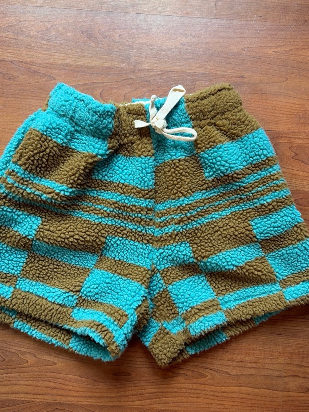 Cozy Sherpa Striped Lounge Shorts in Teal & Olive